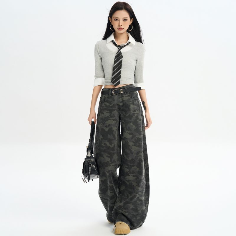 

American Retro Camouflage Workwear Denim Women s Summer Thin Small Loose Wide Leg Drape Straight Mopping Pants Fan Color pants 155-165 XL