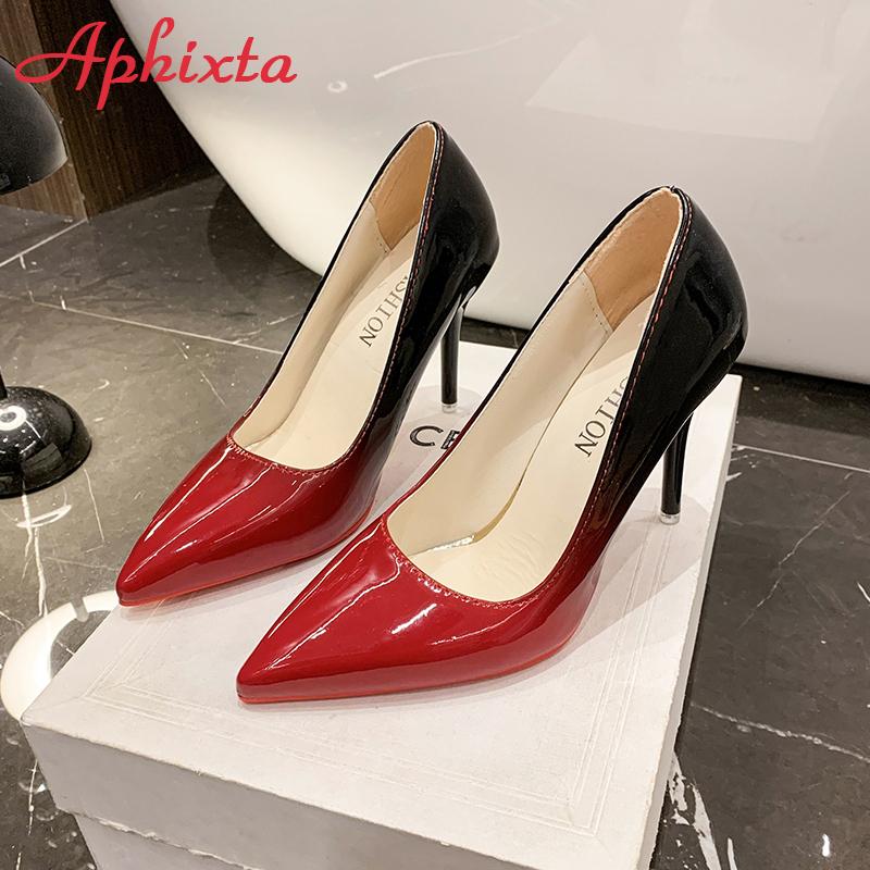 

Aphixta сексуальные туфли на высоком каблуке с красной подошвой для женщин 10 см шпилька градиент острый нос туфли для вечеринок туфли больших размеров 44-53 53