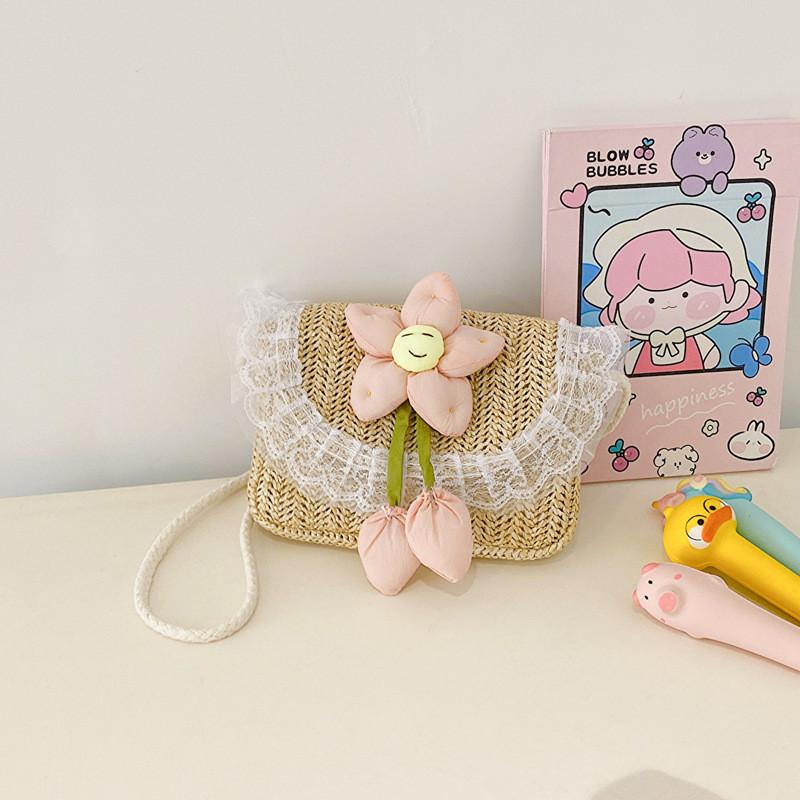 

Adorable Mini Woven Crossbody Bag For Girls Featuring Floral Design And Lightweight Style Khaki Pink
