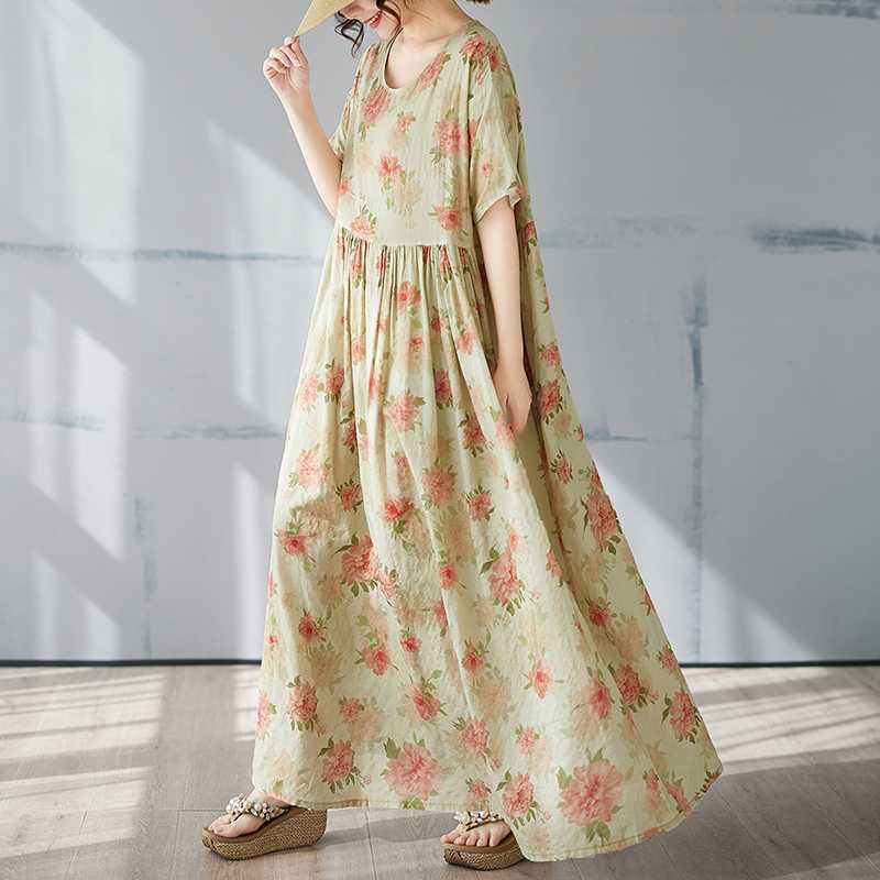 Summer Short Sleeved Round Neck Bohemian Long Skirt