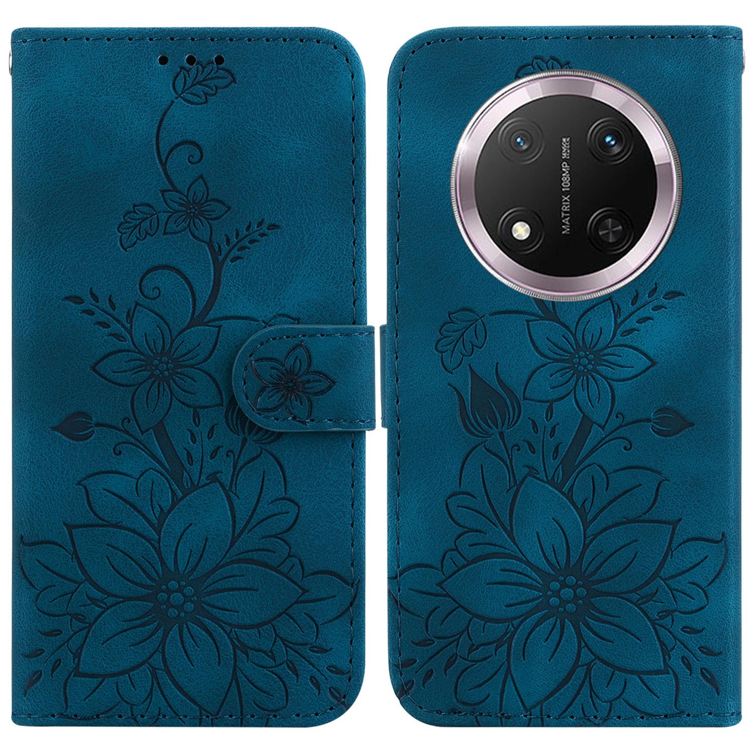 

For Honor Magic7 Lite 5G/X9c 5G/X60 Pro 5G Case Lily Flower Imprint Leather Phone Cover with Stand Dark Blue