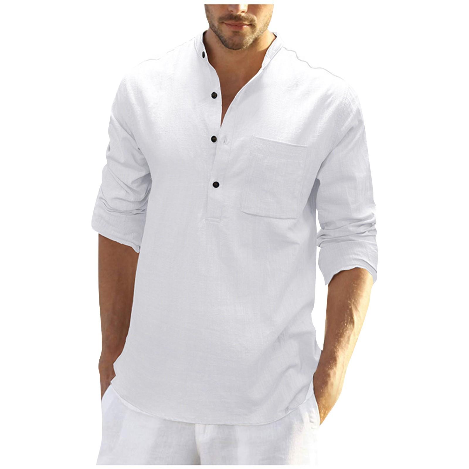 

Мужская льняная рубашка с длинным рукавом и воротником-стойкой XXL белый