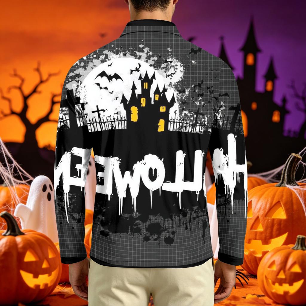 Men's Long Sleeve Casual T Shirt Crew Neck Printed Halloween Pumpkin Stars Moon Pattern Comfortable Fit Lightweight Top