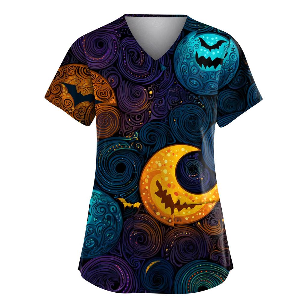 Women's Fashion V-Neck Short Sleeve Overalls With Pockets Halloween Printed Tops  Apparel