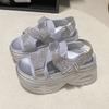 Mode 8,5 CM Plateau Sandalen Frauen Bling Keil High Heels Sommer Strass Haken Schleife Chunky Sandalen Strand Hausschuhe Zapatos Mujer