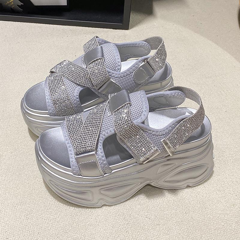 Modne sandały na platformie 8,5 cm dla kobiet, błyszczące koturny na wysokim obcasie, letnie sandały z cyrkoniami zapinane na rzep, masywne sandały, klapki plażowe, zapatos mujer