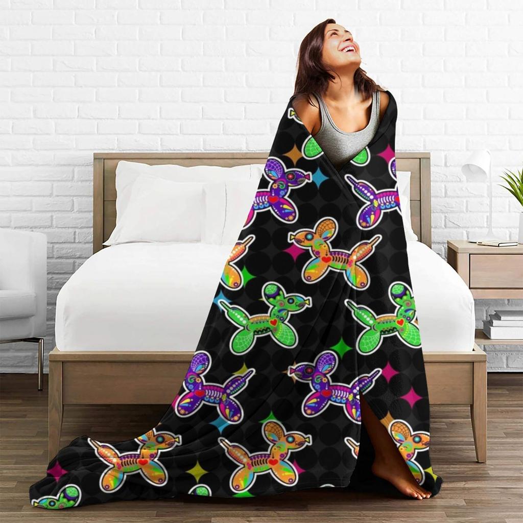 Sugar Skull Balloon Dogs Blanket Rainbow Camping Flannel Throw Blanket Warm Soft Couch Bed Custom DIY Bedspread Gift