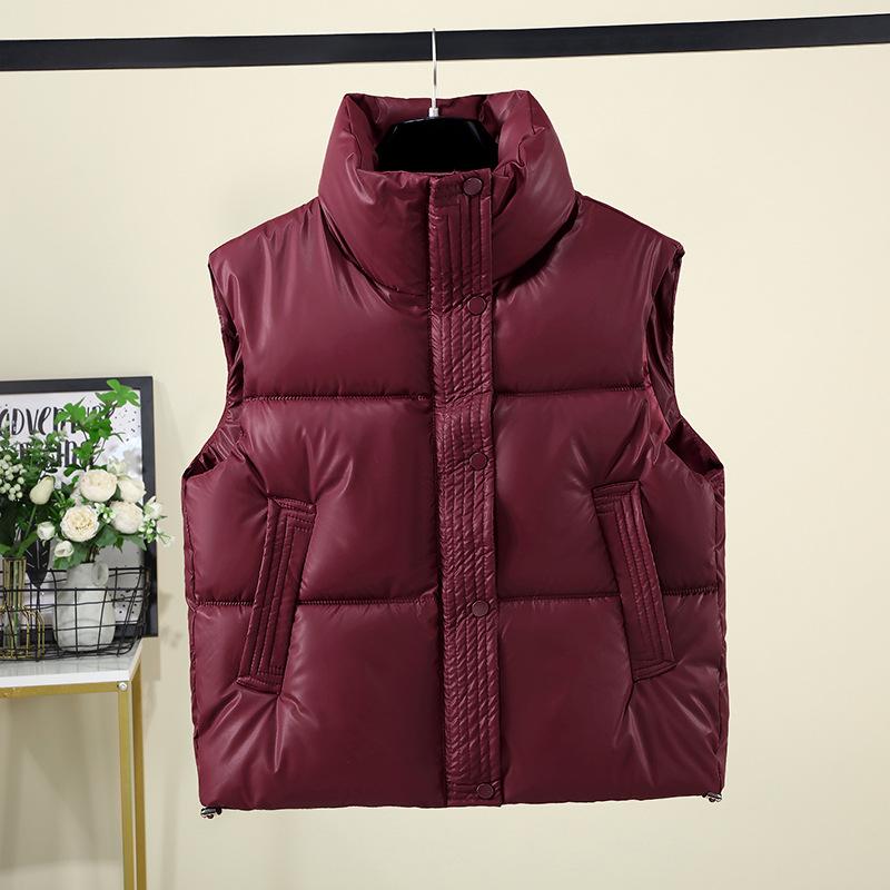 Colete de Algodão Feminino Curto Outono e Inverno PU Cavalo Gola Alta Colete Espesso