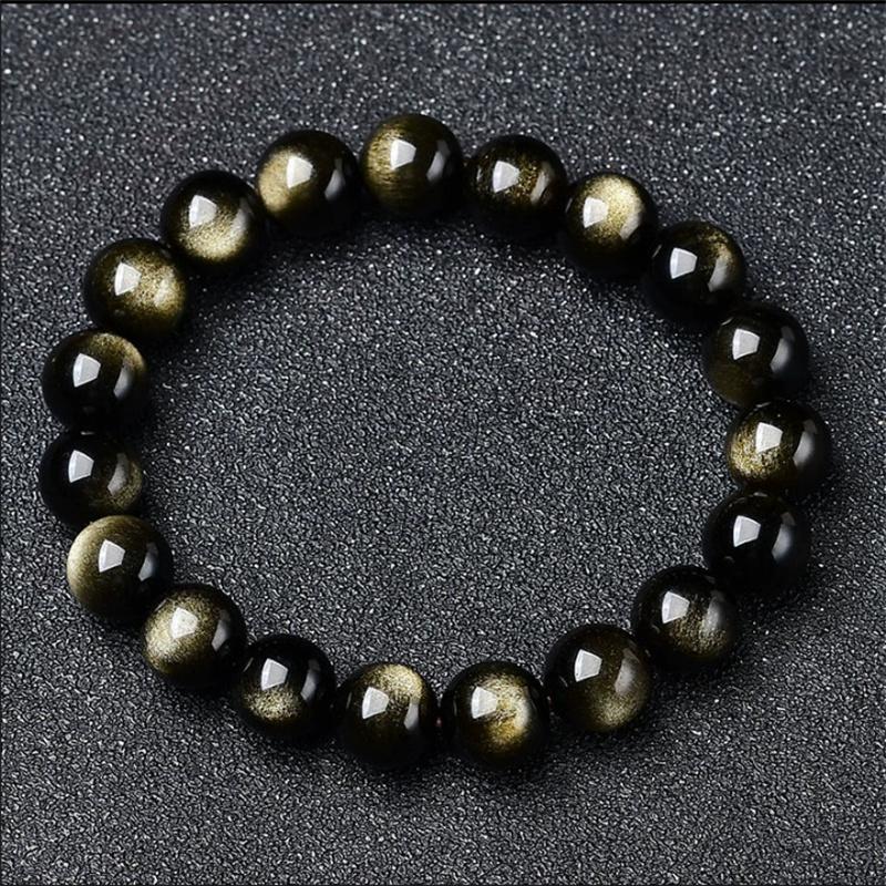 Natural Golden Obsidian Stone Beads Bracelet Men Women Golden Light Rainbow Obsidian Raw Stone Round Bead Natural Energy Jewelry