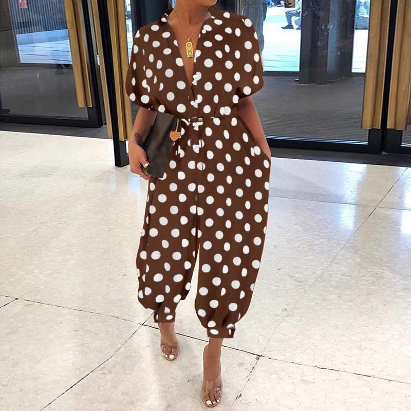 2020 Women's European Retro Leopard Print Short Sleeve Jumpsuit, Loose Plus Size, High Waist, Leg-Slimming Design