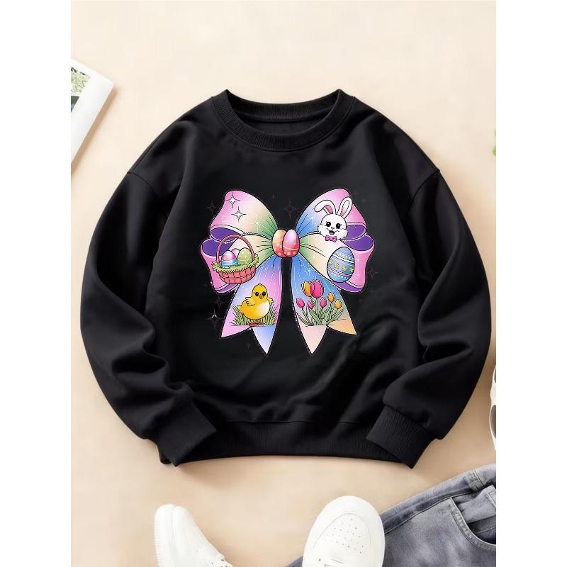 Kids Crewneck Sweatshirt, Cute Easter Print with Bow, Rabbit & Easter Eggs, Top for Autumn Winter