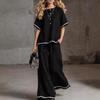 1116 European and American fashion contrasting color wide-leg pants two-piece set cotton and linen vacation style and daily comfortable wear for women