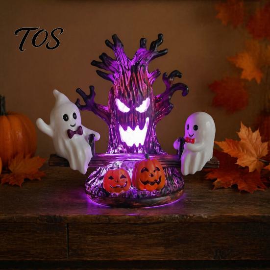 Gothic Atmosphere Halloween Decor Animated Seesaw Ghost Light, USB Powered 3D Night Cute LED Lightweight Ornament Lamp with Spooky Tree And