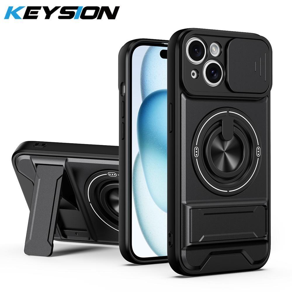 KEYSION Magnetic Phone Case for iPhone 13 14 15 Pro Max 15 Plus Slide Camera Protection Upright Kickstand Shockproof Back Cover