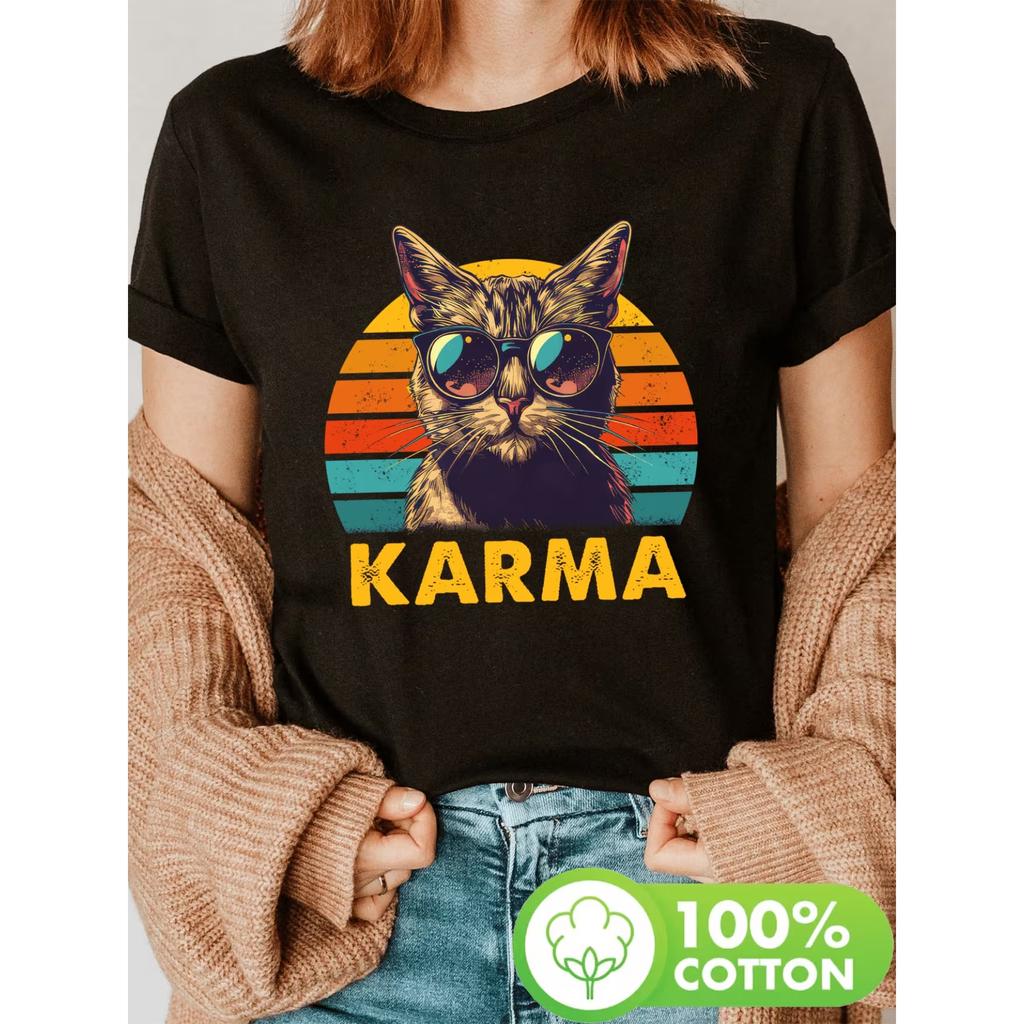 Glasses Yellow Cat, Vintage Cat Music Printed T-Shirt, Short-Sleeve Round Neck Casual Top, Suitable for Summer and Spring, Women'S Clothing