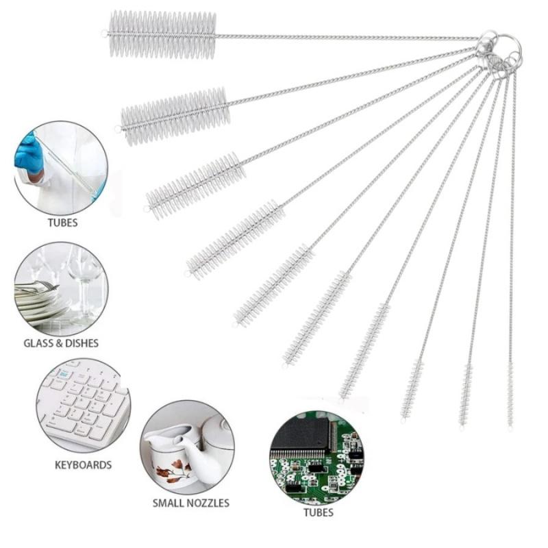 10pcs/set Stainless Steel Nylon Straw Brushes Water Cup Kettle Brush Silicone Glass Straw Test Tube Keyboard Cleaning Brush