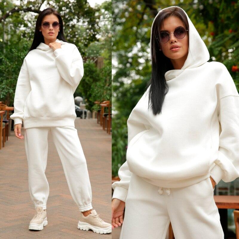 Winter Women's Sets Hooded Long Sleeve Hoodie Sport Pants Lady Suit Two Piece SetCasual Fleece Tracksuit Women Streetwear