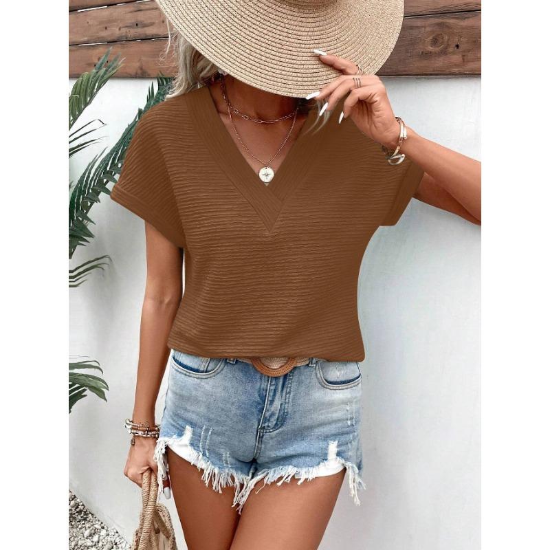 

GMXIA Women s Fashion Casual Leisure Summer Solid Color Print Short Sleeve V-Neck Blouses & Shirts XL коричневый