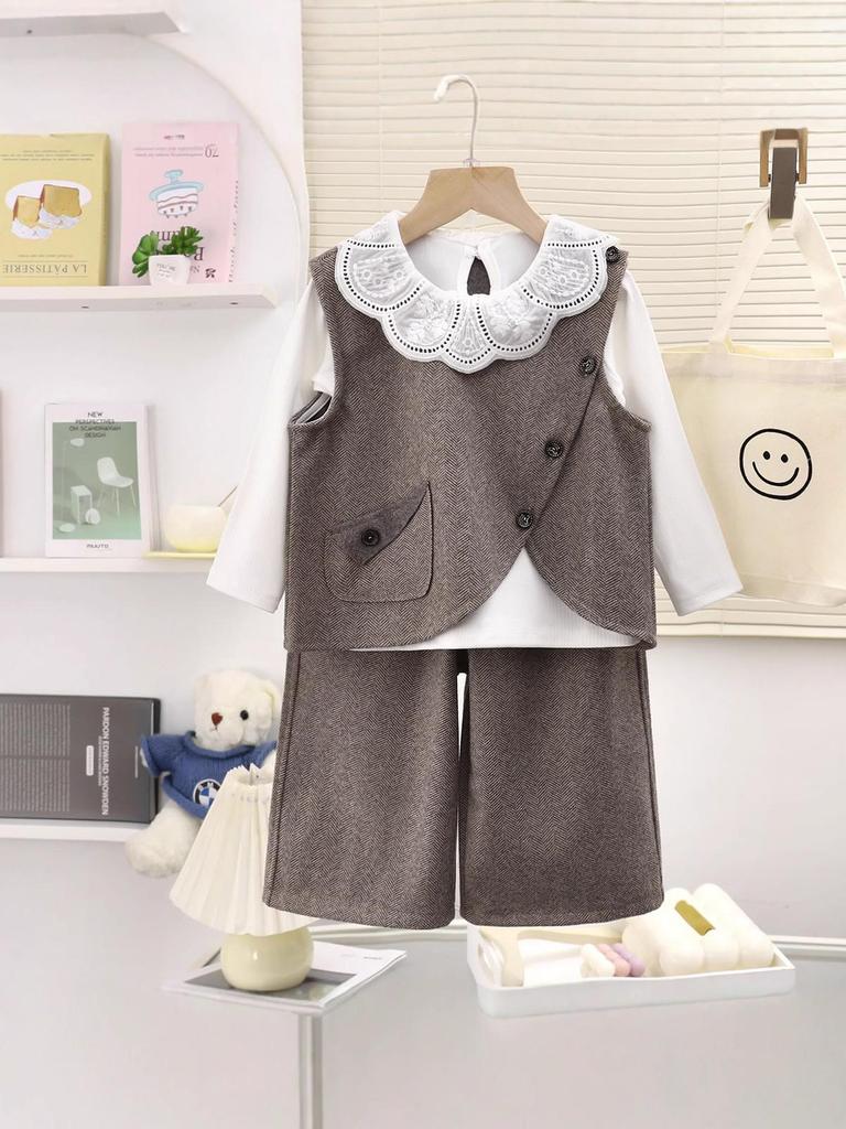 Girl's Korean Chic Tweed Vest Three-Piece Set for Spring/Autumn 2026