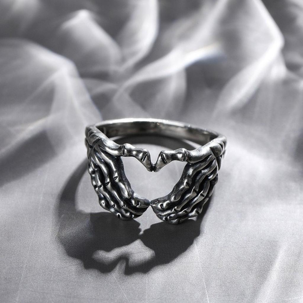 Vintage Fashion Punk Heart Ring Silver Men and Women Handmade Heart Punk Hip Hop Jewelry Size 6-13