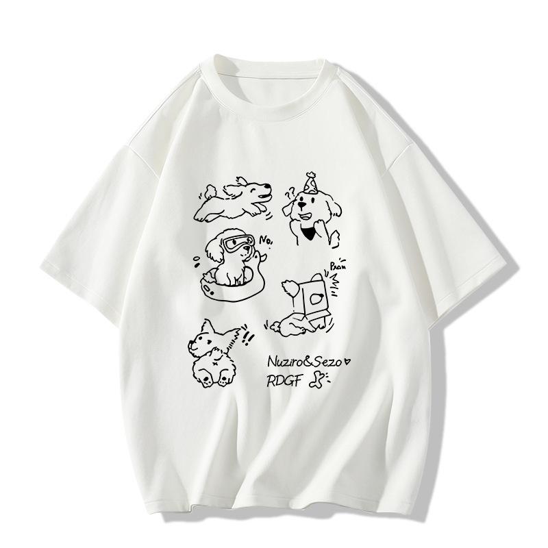 Ladies Summer Short Sleeve Round Collar Pullover Casual Sketch Puppy Printed Teenager Oversize T Shirt Top