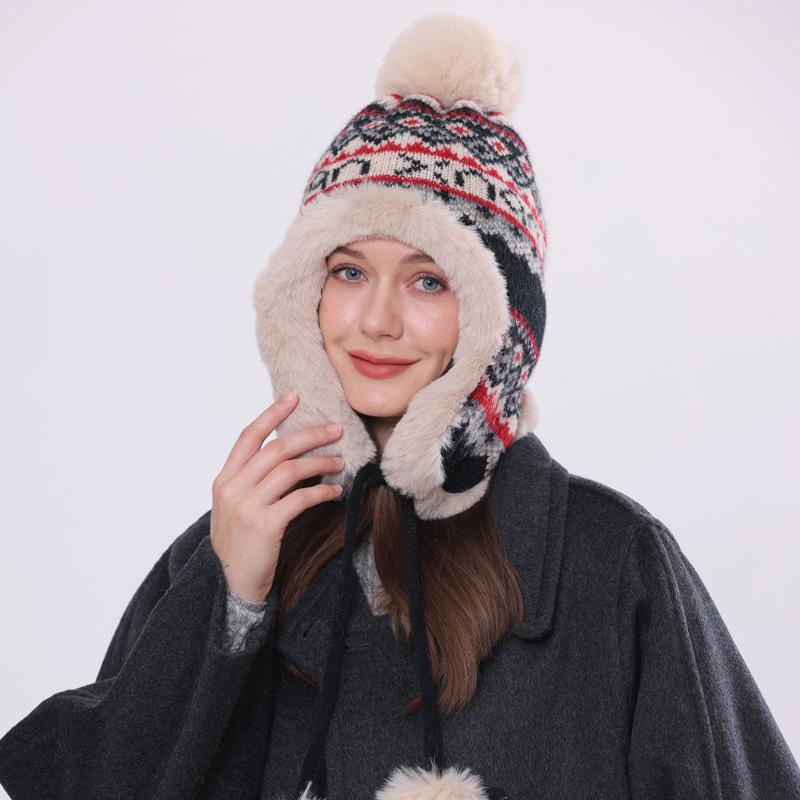 Wool Hat Women's New Winter Jacquard Knitted Hat Warm and Cold Ear Protection Hairball