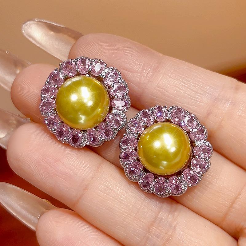 

Sweet Pearl Stud Earrings Jewelry Pink Zirconium Flower Needle Wind High-End Female Goods
