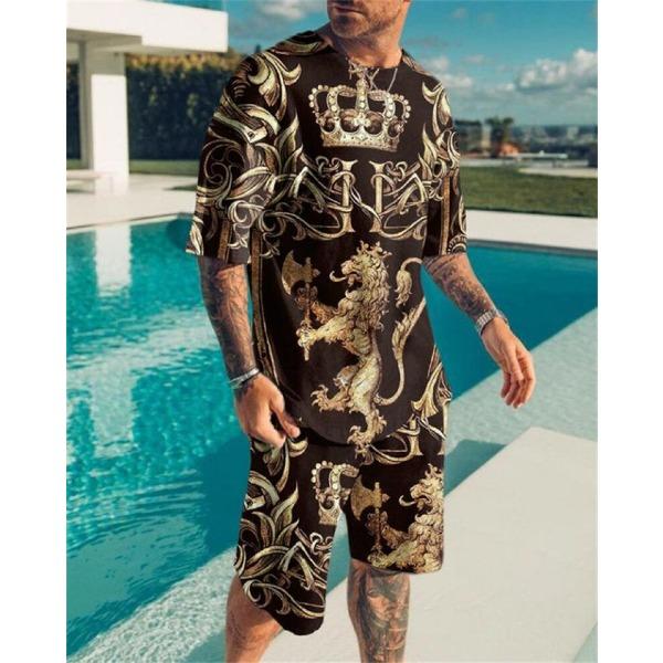 Summer Round Neck 3D Lion Printed Set Fashionable and Casual Short Sleeved Shorts Men's Clothing Sets Sport Wear