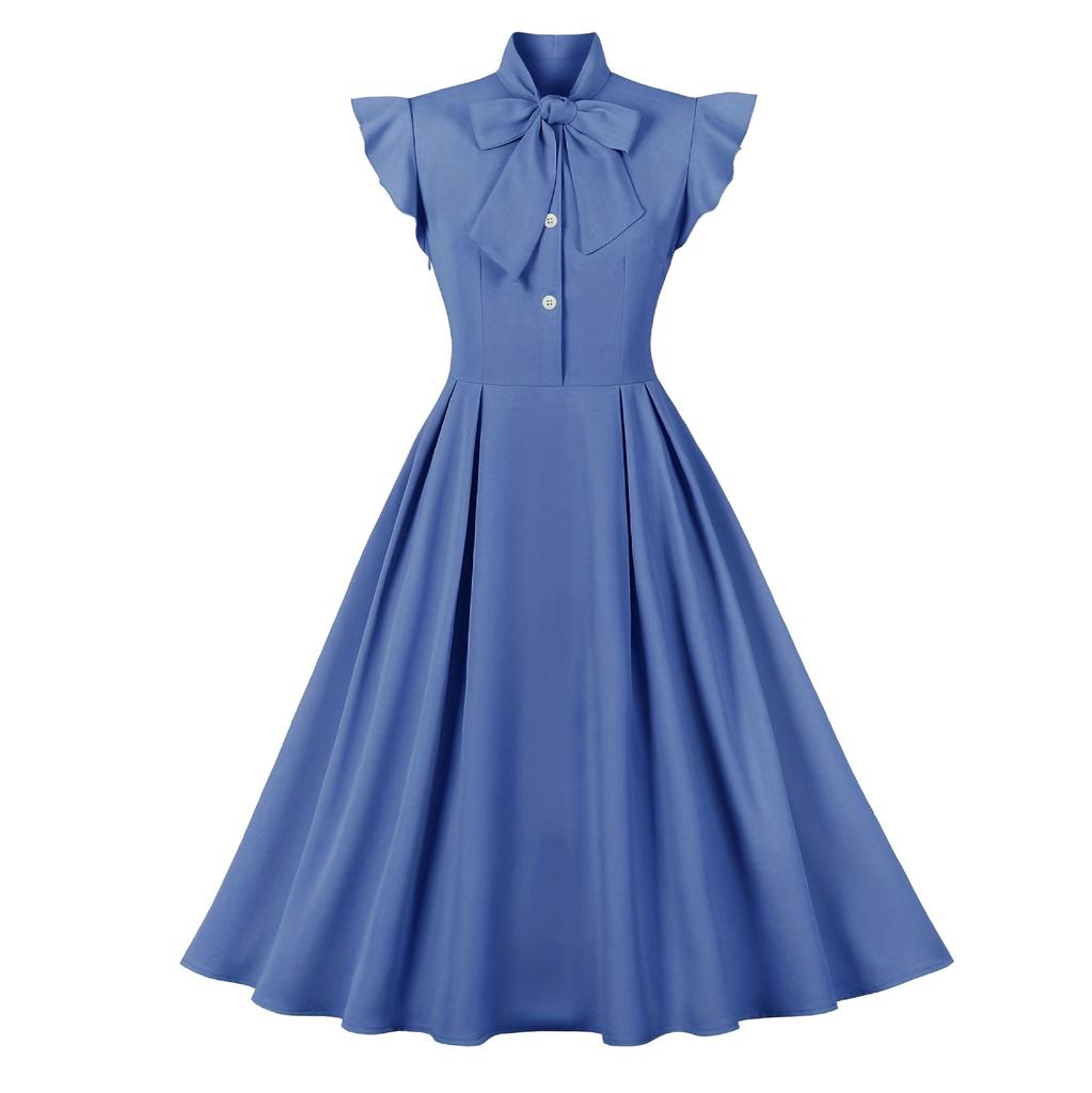 Spring and Autumn European and American Fashion Women's Dress with Waist Strap and Lotus Leaf Sleeves, Large Swing Retro Dress