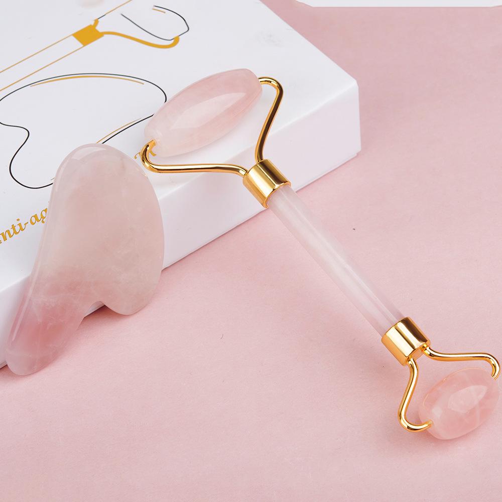 Pink Crystal Jade Roller & Gua Sha Beauty Set for Face, Eye, Body 