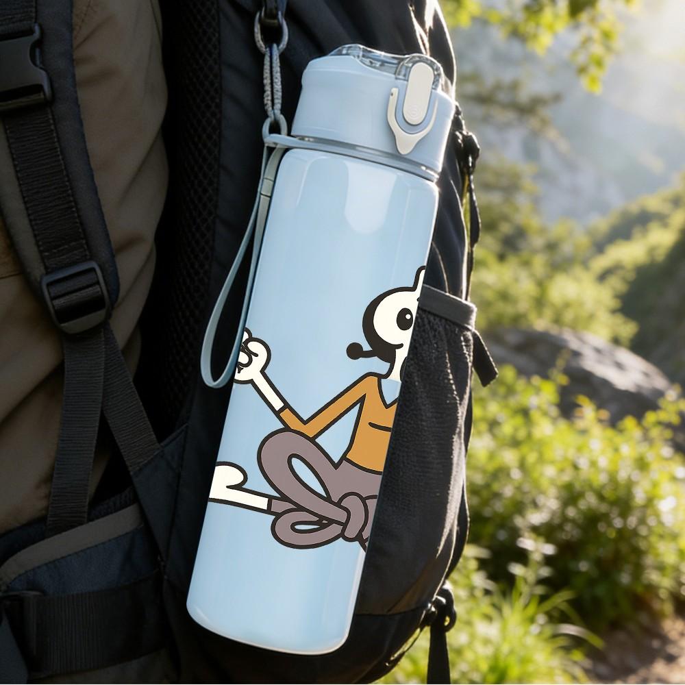 1PC Meditation Stick Figure Cartoon 750ml Color Plastic Sports Water Bottle Leakproof Flip Straw Lid Suitable for Sports Office Home Use