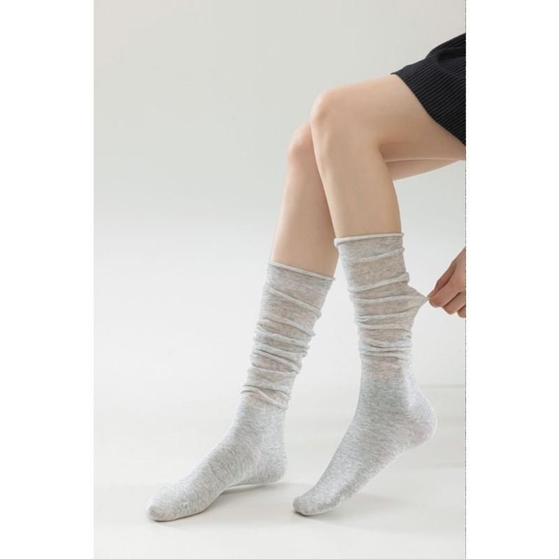 Female Spring and Summer Thin Style Pure Cotton Roll Edge Breathable Calf Socks