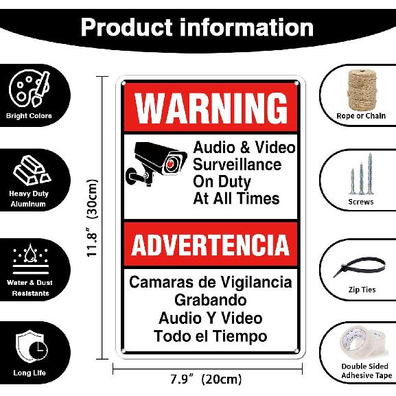 Señal de vigilancia de audio y video de advertencia - 7.8" x 11.9" - Señal de aluminio resistente, videovigilancia en inglés y español (151)