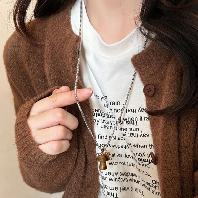 Elegant Spotted Tigers Eye Stone Necklace Elegant Mushroom Pendant Neck Chain Jewelry Perfect for Individualistic Style
