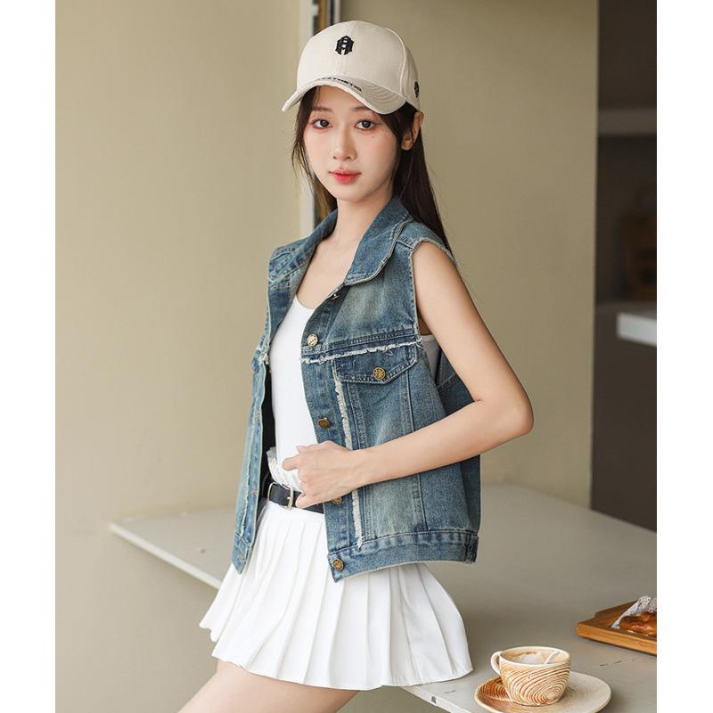 Hong Kong Style Retro Frayed Denim Vest – Trendy, Versatile, Loose, Soft, Skin-Friendly