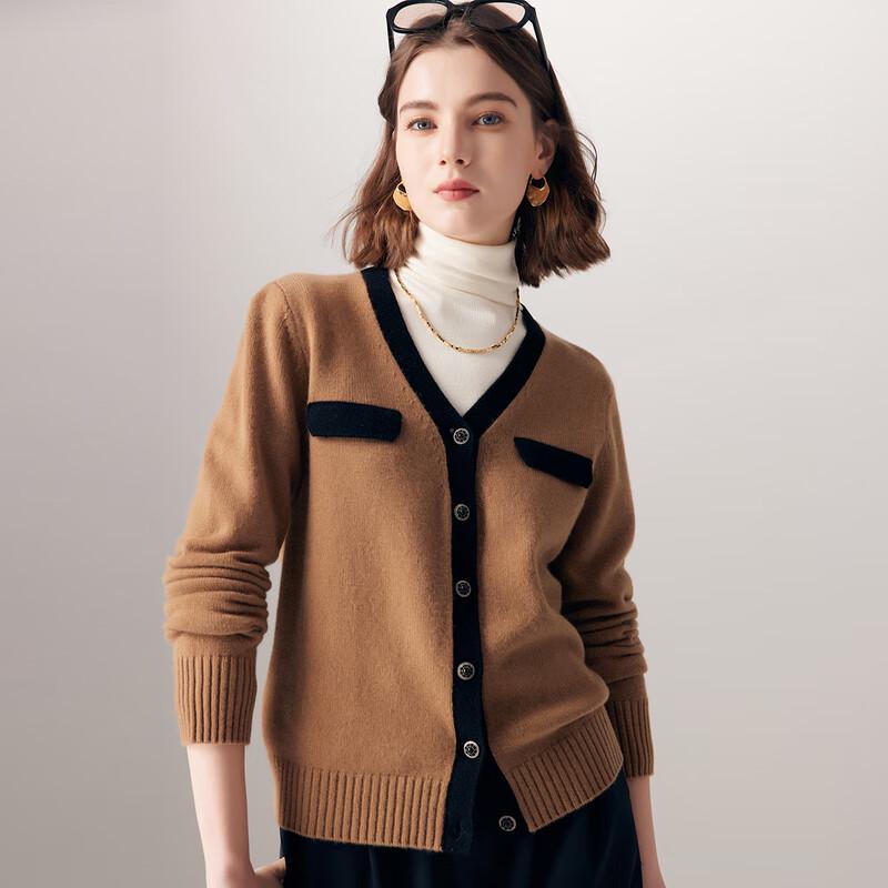 PALUOPO Women's 100% Cashmere Patchwork Striped V-Neck Cardigan