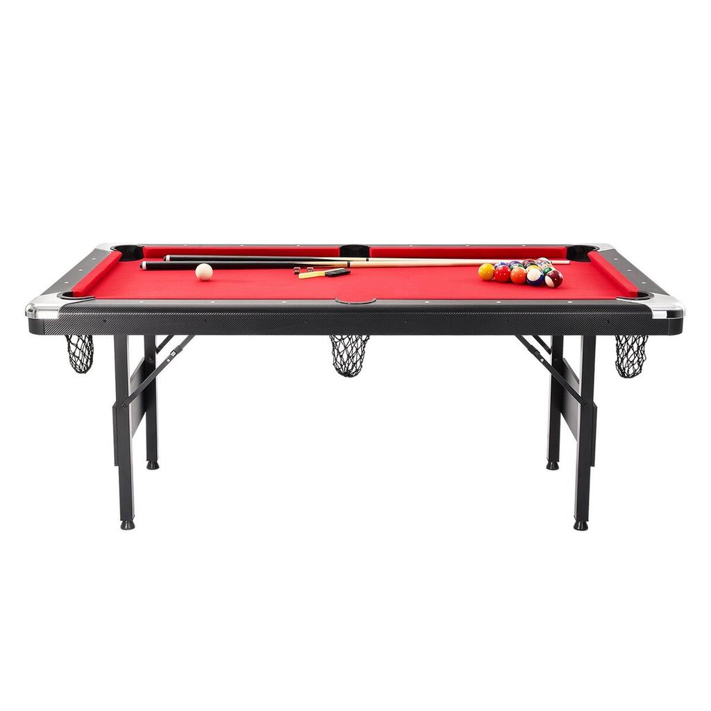 Billiards Table, 6.3 ft Pool Table, Portable Foldable Space-Saving Table, Billiard Table Set Includes Balls, Cues, Chalks and Brush, Black with Red