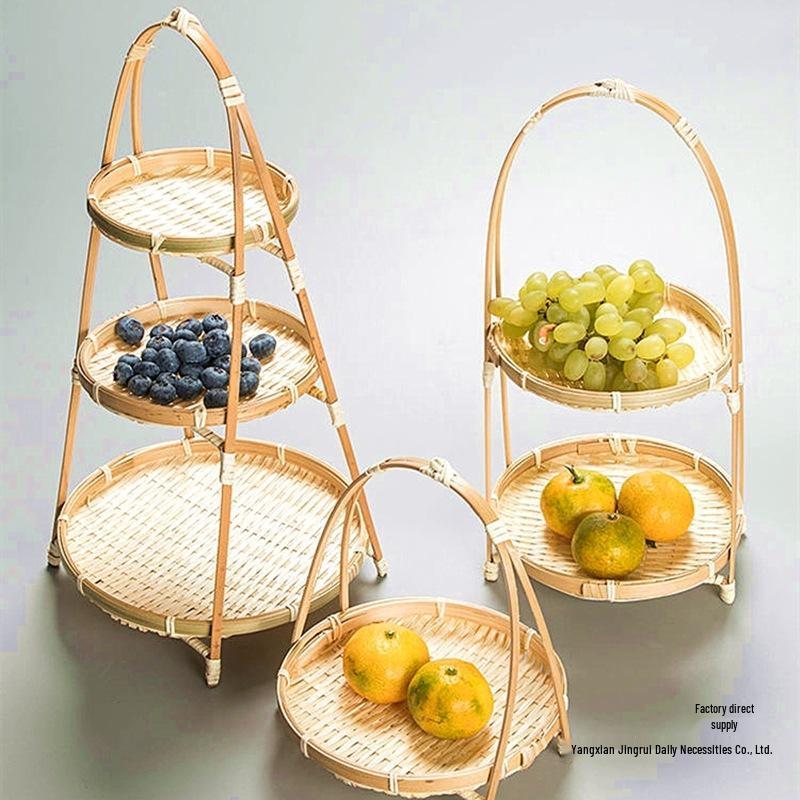 Multi-Layer Bamboo Handwoven Basket with Handle for Tea, Pastry, Fruit & Cake