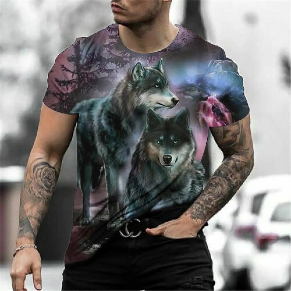 2026 Wolf Pattern Animal Print Short Sleeve Top 3D Casual Streetwear Men's T-Shirt Loose Vintage Style