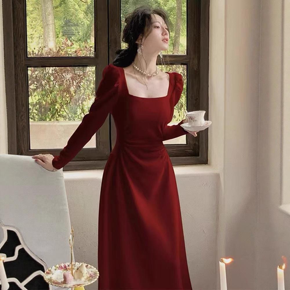 Red longsleeved dress women's spring and autumn engagement dress bridal toasting clothes can usually wear red skirt long dress