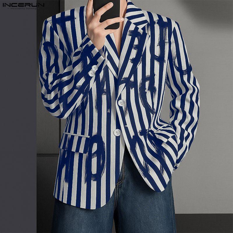 INCERUN Oversized Spring Men Lapel Neck Long Sleeve Striped Button Thin Blazer Coats