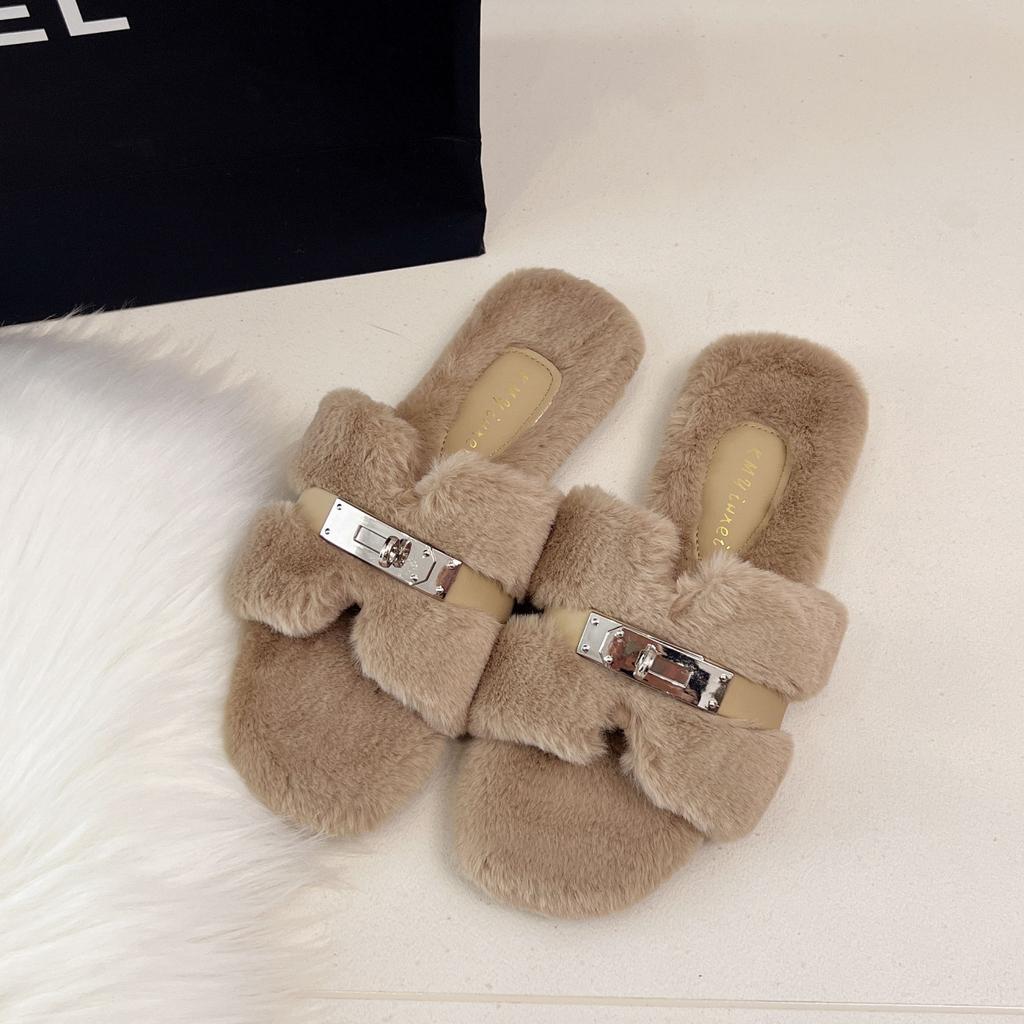 Comfortable Princess Thick-bottomed Fluffy Slippers Women's Autumn and Winter High-end Outer Wear 2025 New Indoor Home One-word Cotton Mop