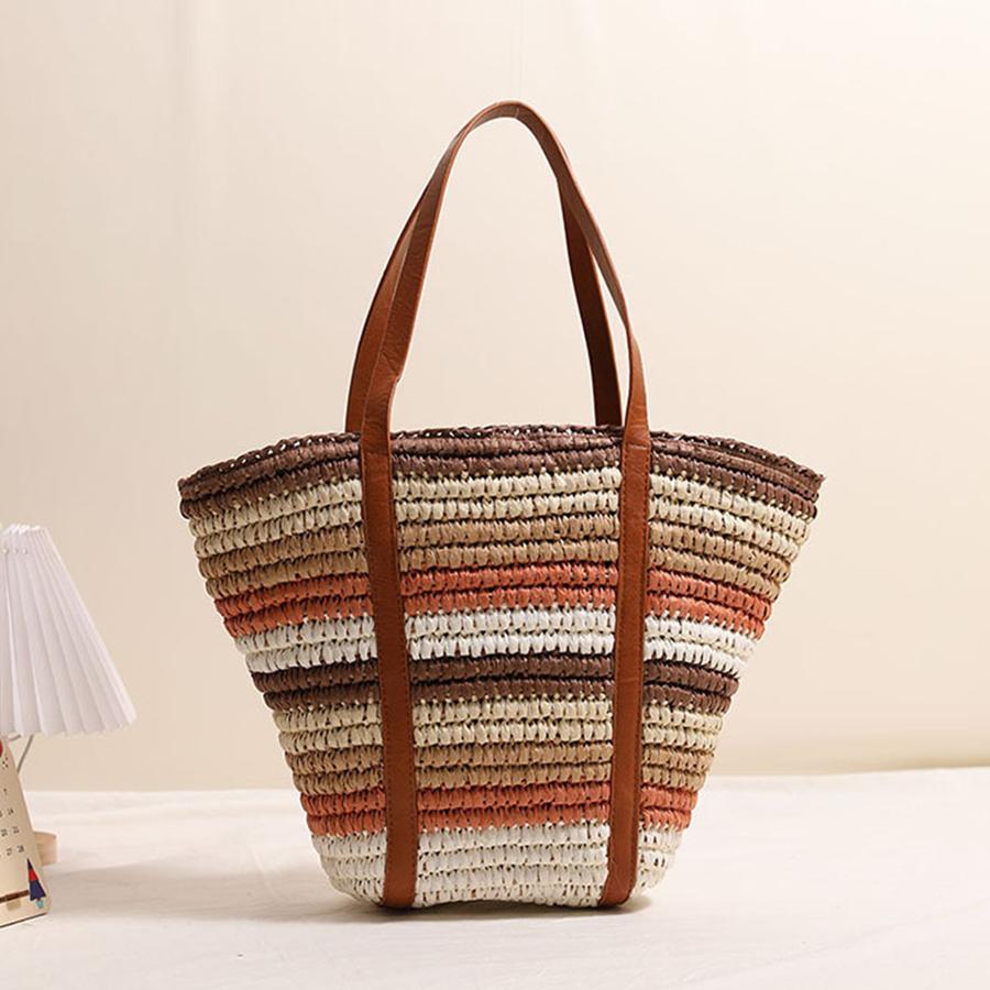 

Summer Bali Women Rainbow color Handbag Beach Bag Rattan Woven Handmade Knitted Large Capacity Tote Straw Women Shoulder Bag Sac кофейный