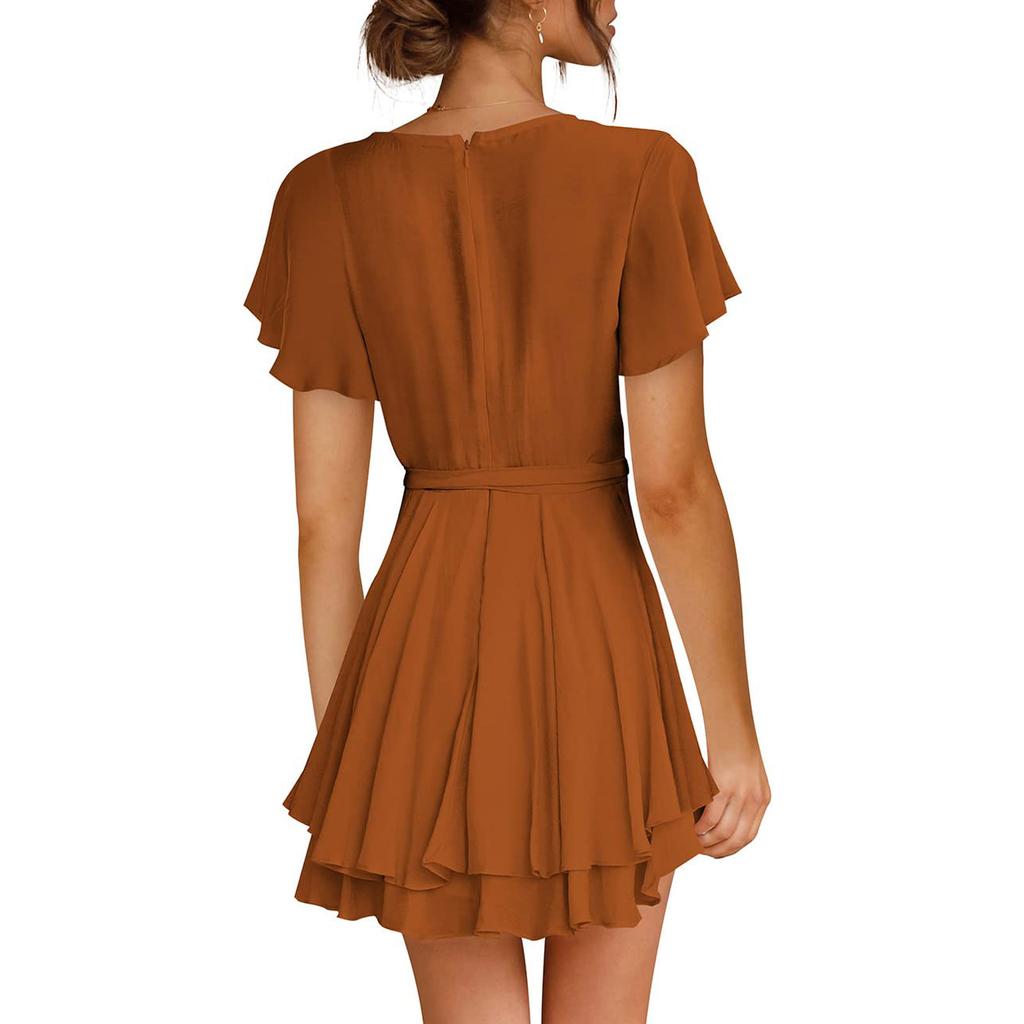 Women's Fashion Casual Color Short Sleeve V-Neck Loose Waist Ruffle Dress