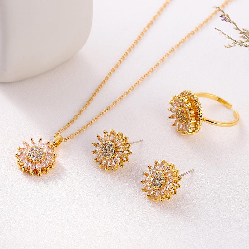 Minimalist Titanium Steel Necklace Earrings Ring Zircon Jewelry Set Rotatable Sunflower Jewelry Set for Women
