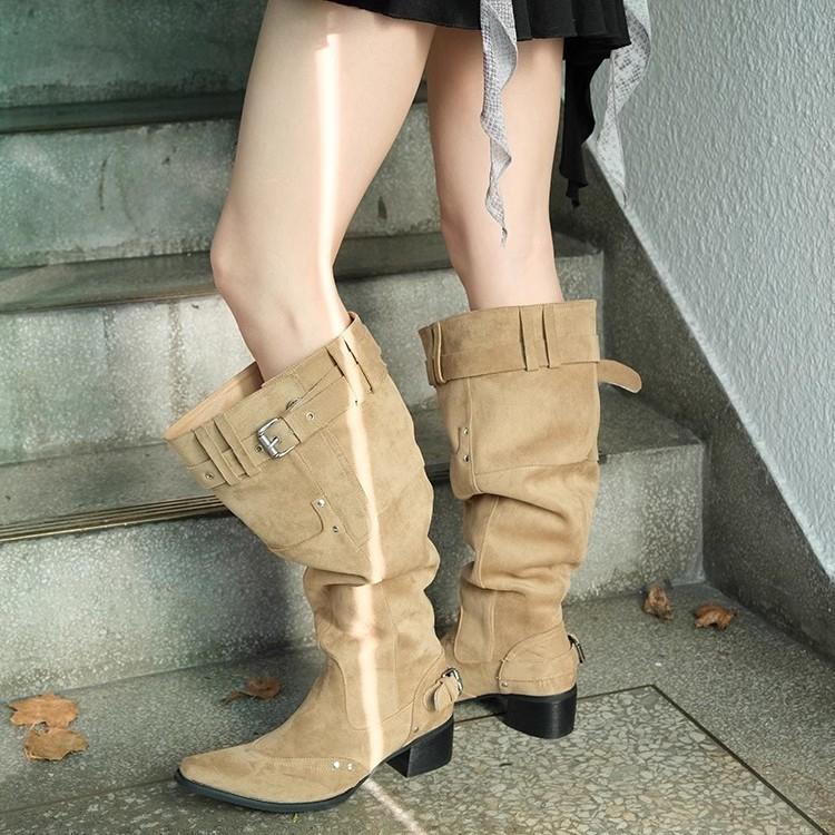 Niche design rear zipper pointed big tube circumference high heel stacking boots retro western cowboy boots thick heel boots women