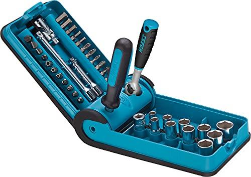 

Hazet HiPer 863HP Fine Tooth Reversible Ratchet Set and 1/4 Inch Socket Handle, 10 Sockets, 21 Bits, Various Extensions and Adaptors 856-1HP, Black/Bl