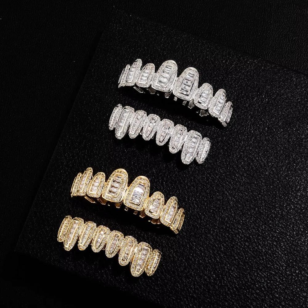 Iced Out T Square CZ 8 Teeth Grillz Real Gold Plated Brass HIPHOP Men Sharp Teeth Grills Halloween Cosplay Bulk