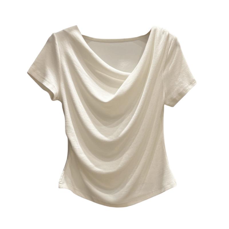 Gentle wind irregular pleated swinging neck short-sleeved top summer summer slim and thin ins pure desire T-shirt women