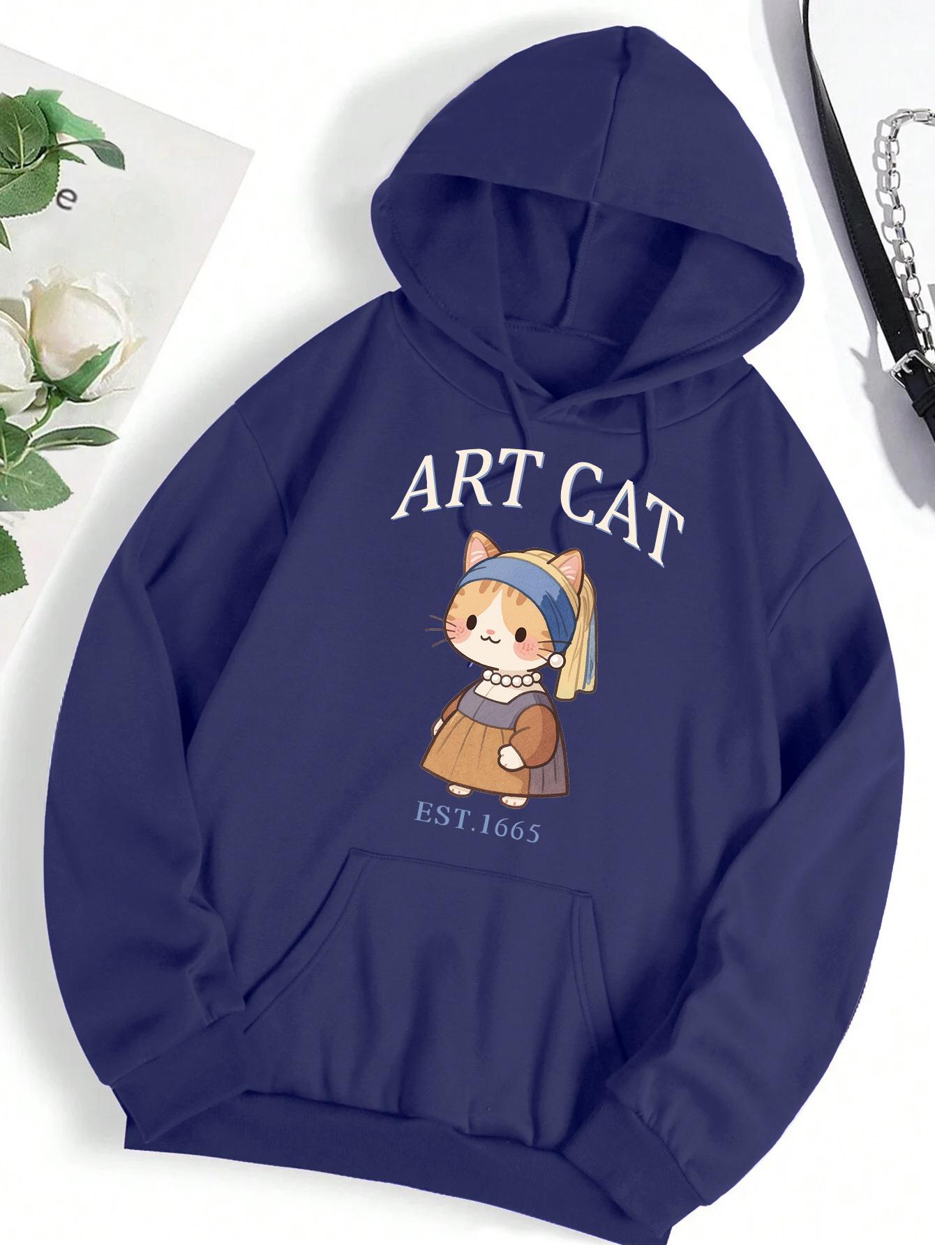 

Девушка с жемчужной сережкой Креативное искусство кот EST.1665 принт Женское худи Базовая мягкая одежда Свободная трендовая одежда Простой спортивный топ 3XL